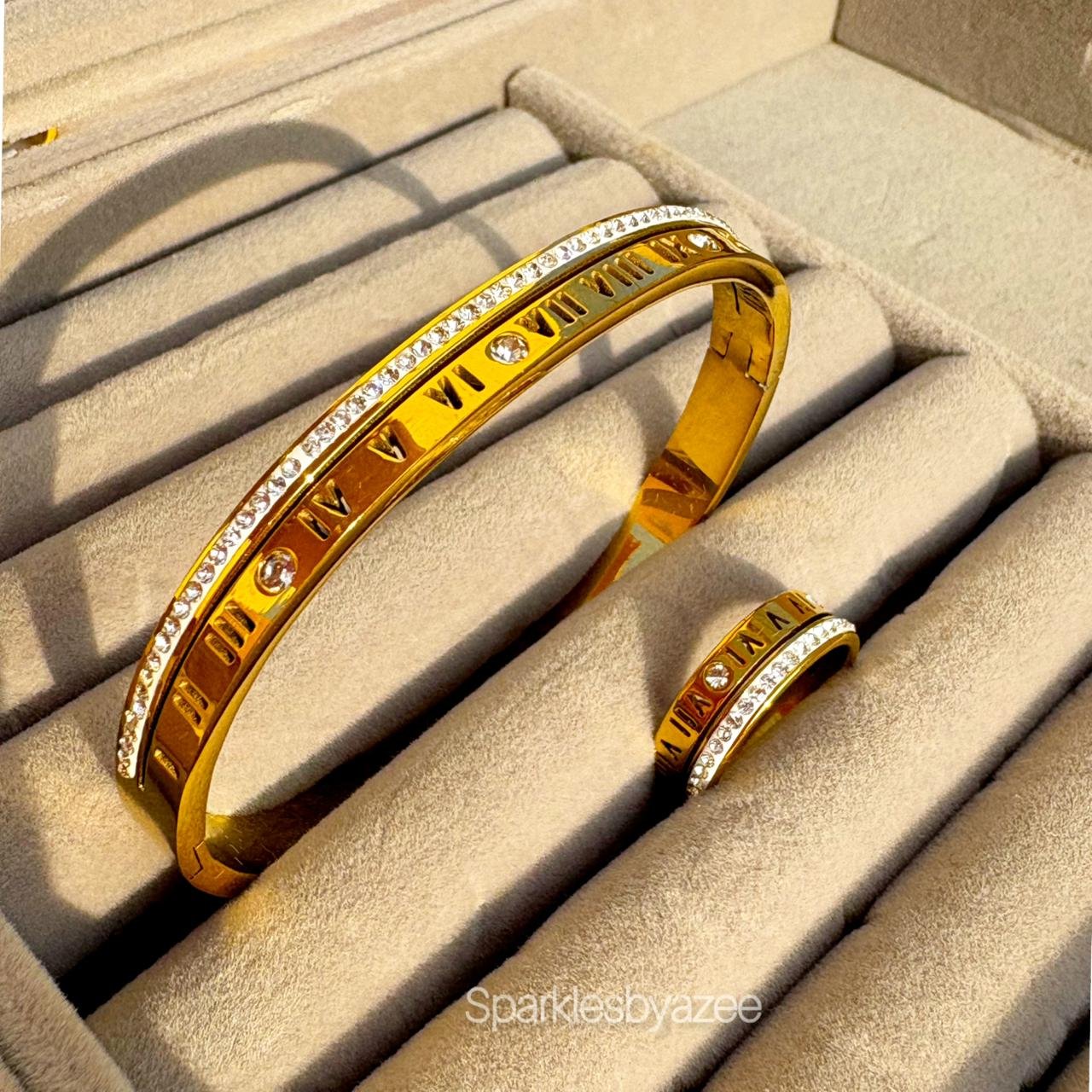 Set of Roman Numeral Bracelet - Roman Numeral Ring (18K Gold Plated)